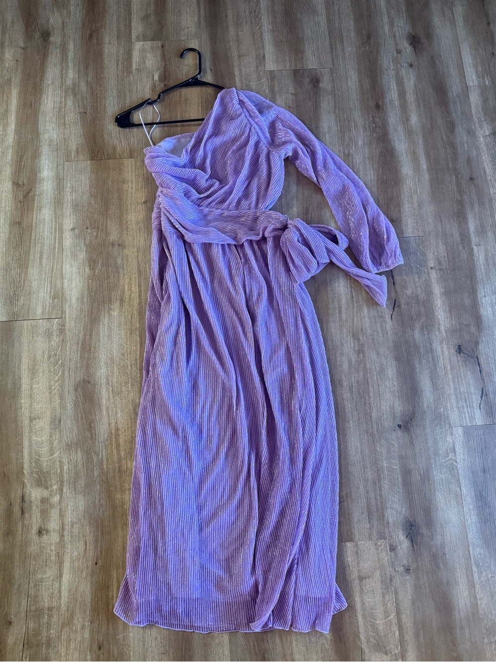 One-Shoulder Lavender Pleated Maxi Dress with Waist Tie